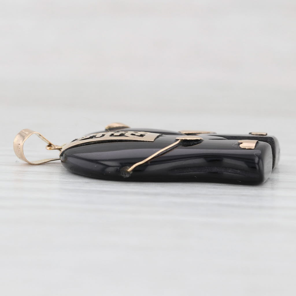 Carved Onyx Elephant Pendant 14k Yellow Gold Longevity Chinese Calligraphy