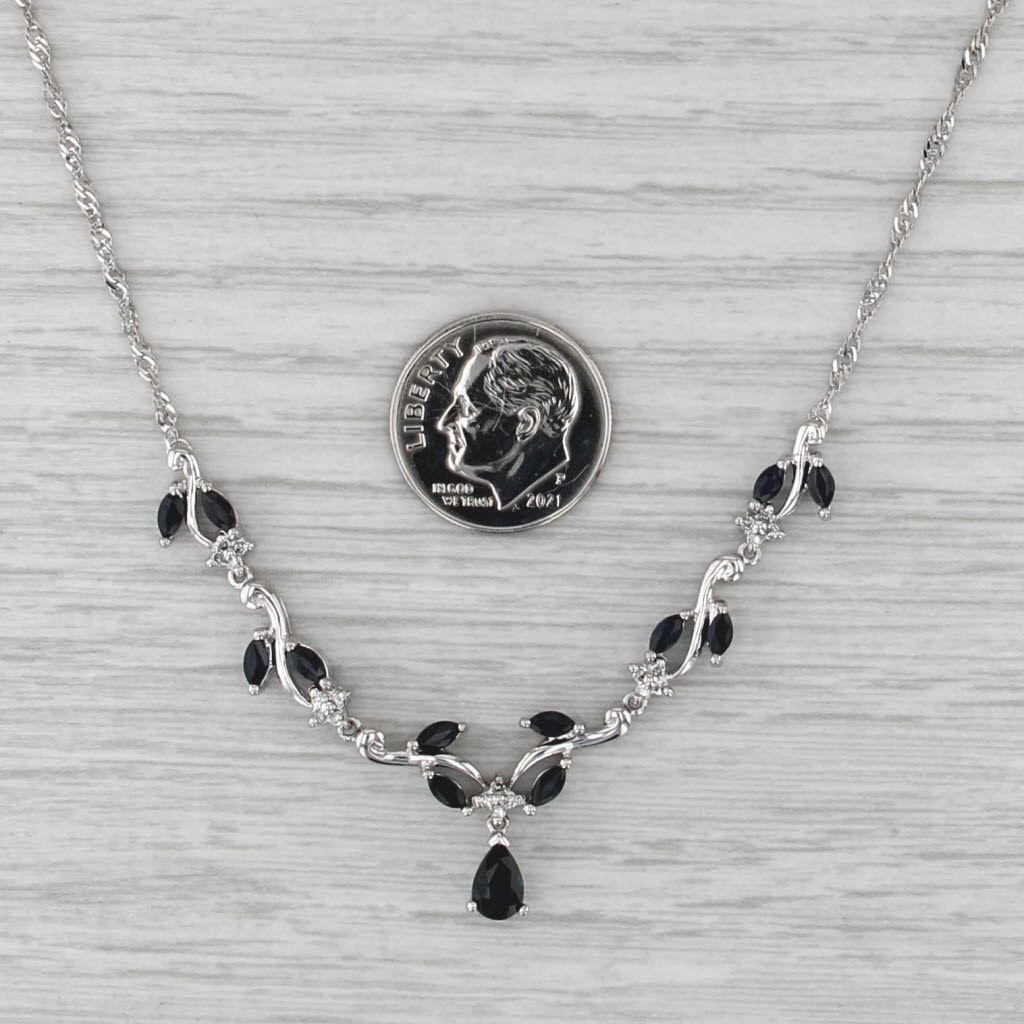 1.96ctw Blue Sapphire Vinework Necklace 14k White Gold 17.5" Singapore Chain
