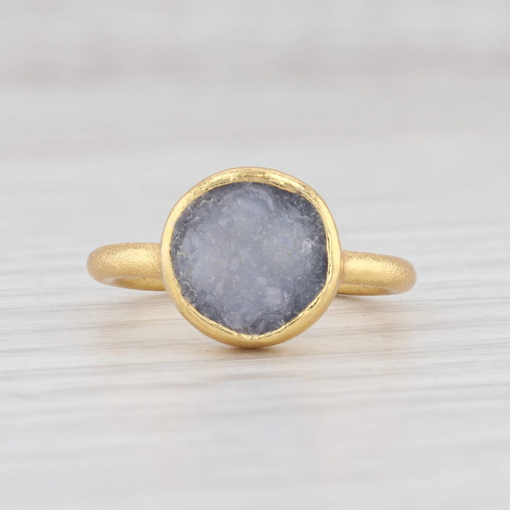 New Nina Wynn Gray Quartz Druzy Ring Sterling Silver 22k Gold Vermeil Size 5.5