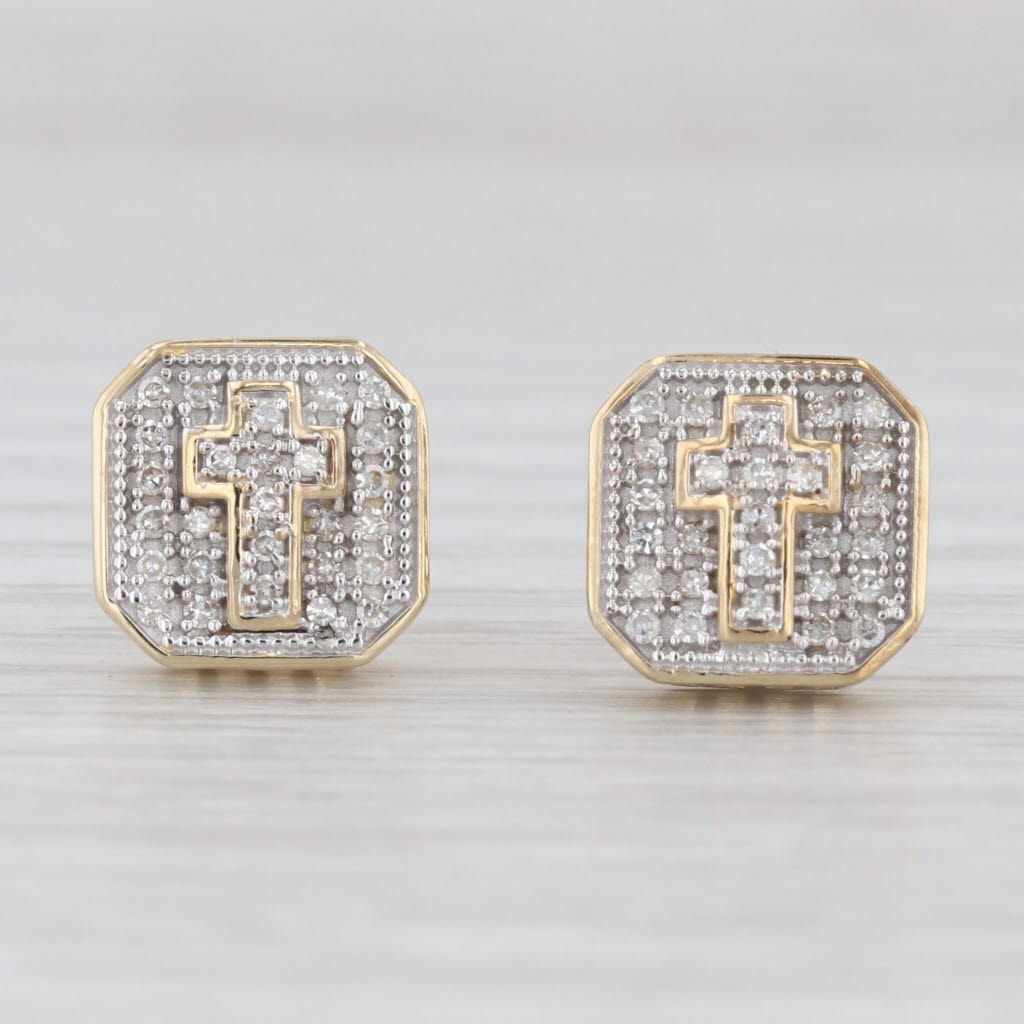 Light Gray 0.15ctw Pave Diamond Cross Stud Earrings 10k Yellow White Gold