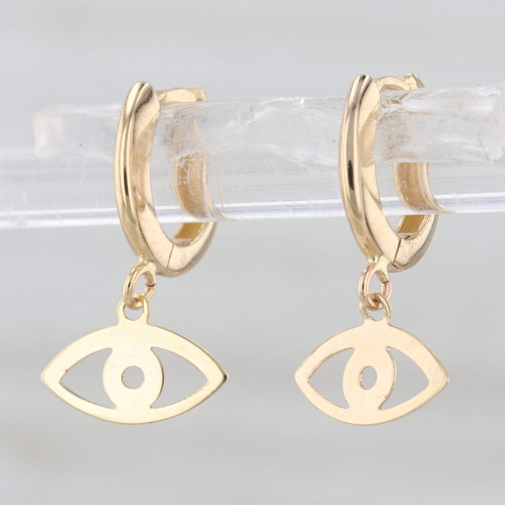 All Seeing Eye Dangle Huggie Hoop Earrings 14k Yellow Gold Snap Top Round Hoops