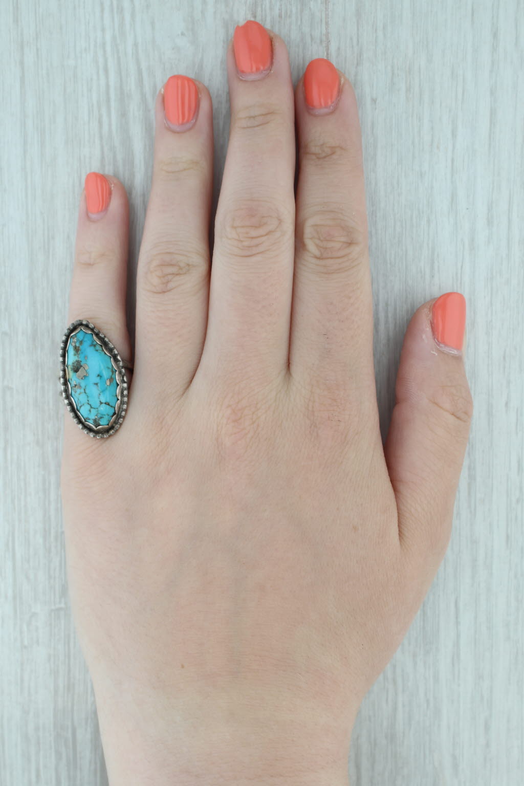 Gray Vintage Native American Turquoise Ring Sterling Silver Cabochon Signed Size 7