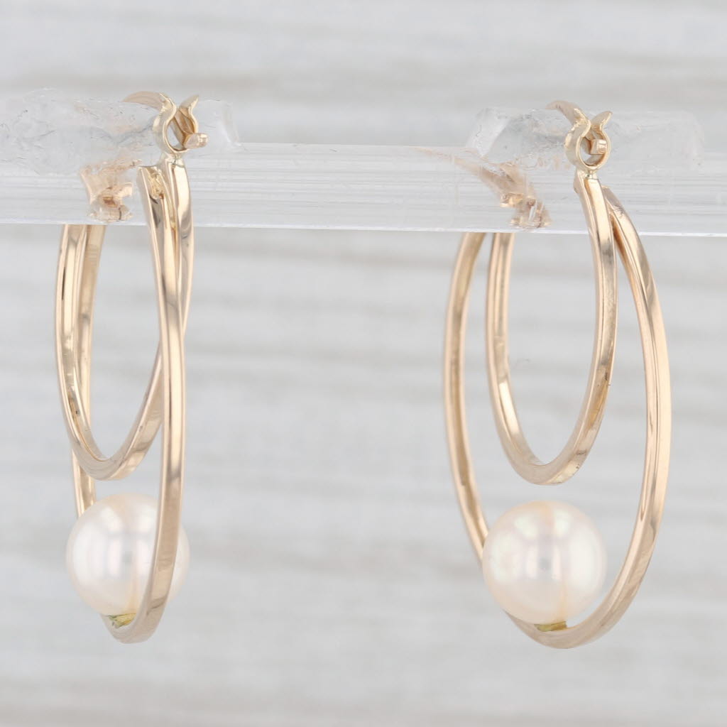 Light Gray Cultured Pearl Double Hoop Earrings 14k Yellow Gold Snap Top Round Hoops