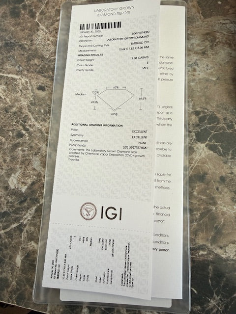 New 4.03ct E VS2 IGI Lab Grown Emerald Cut Diamond Engagement Ring 14k Gold Sz 7