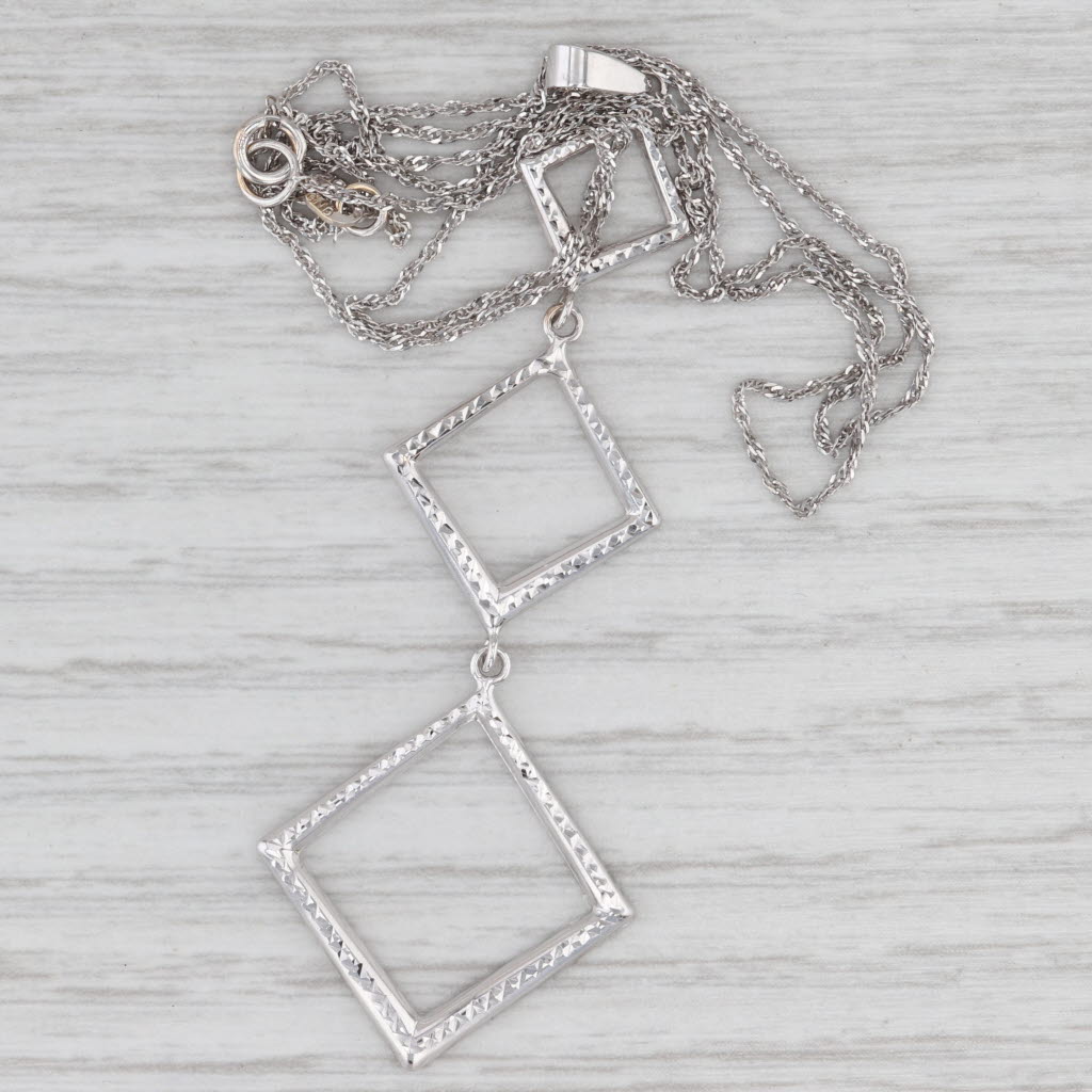 Light Gray Links Square Dangle Pendant Necklace 14k White Gold 18" Rope Chain