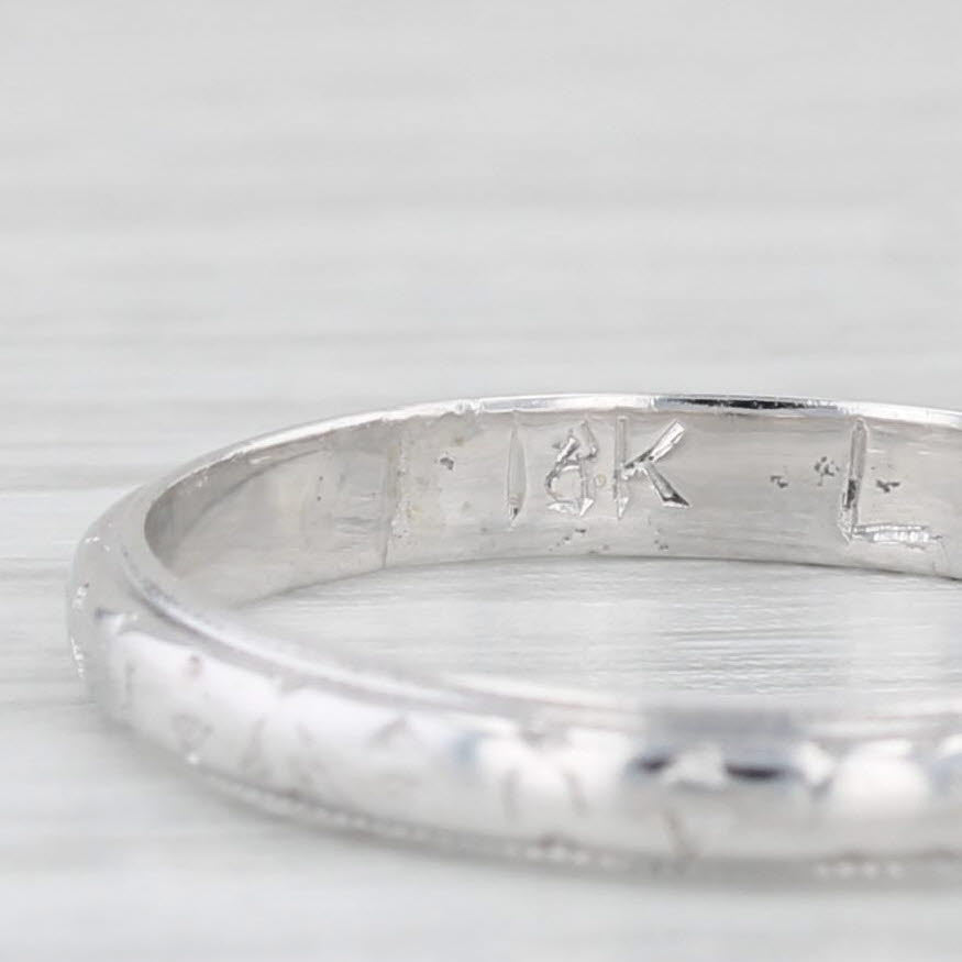 Light Gray Antique Etched Pattern Wedding Band Stackable Ring 18k White Gold Size 4.75
