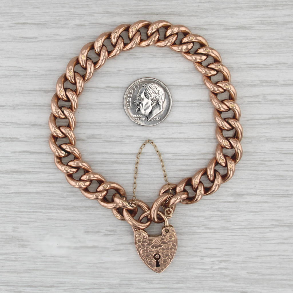 Antique British Heart Lock Charm Bracelet 9k Rose Gold 7.5" Curb Chain