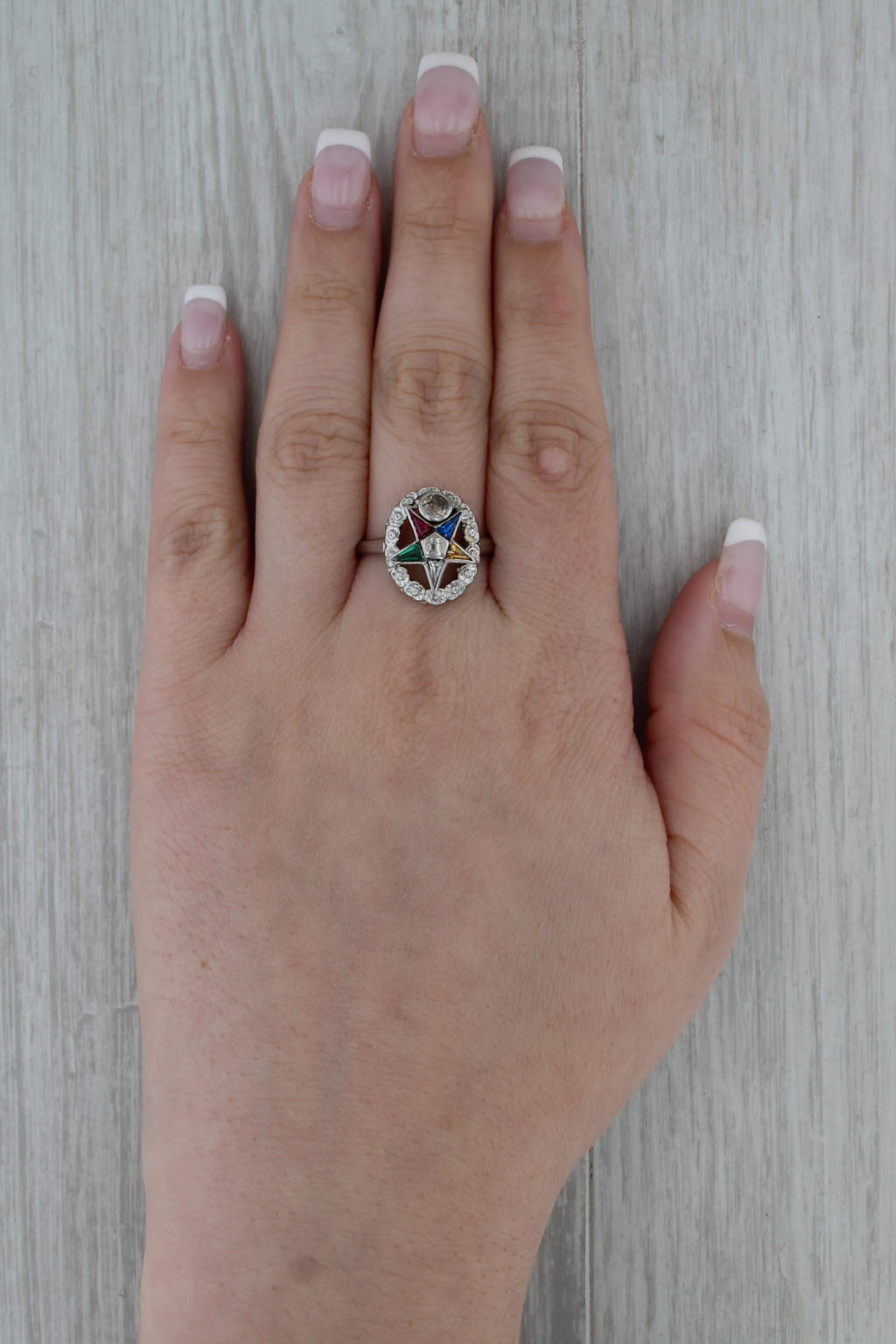 Order Eastern Star Ring 14k Gold Diamond Lab Created Gemstone OES Masonic