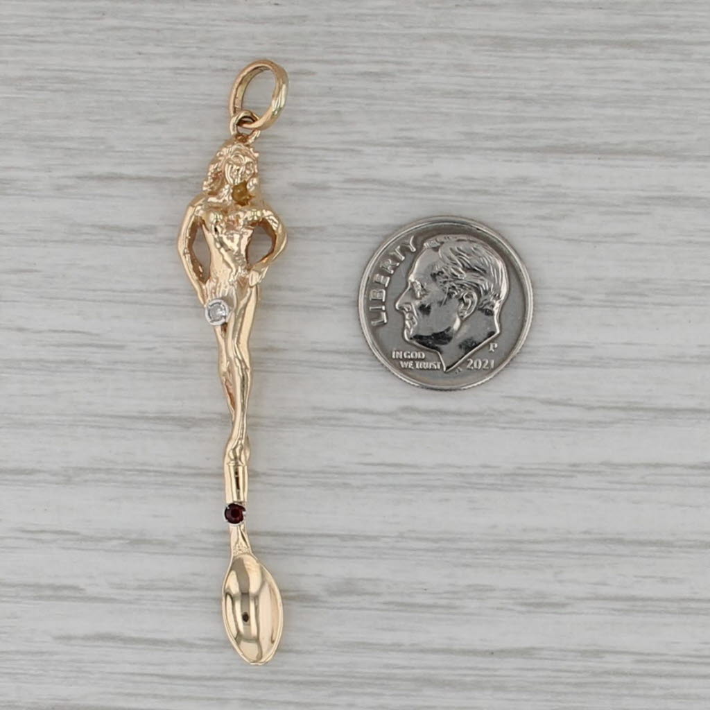 Art Nouveau Statue Lady on Spoon Pendant 14k Gold Diamond Garnet