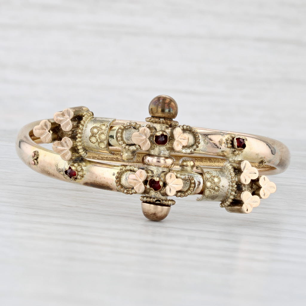 Light Gray Vintage Ornate Red Glass Bangle Bracelet Gold Filled Bypass Adjustable Size