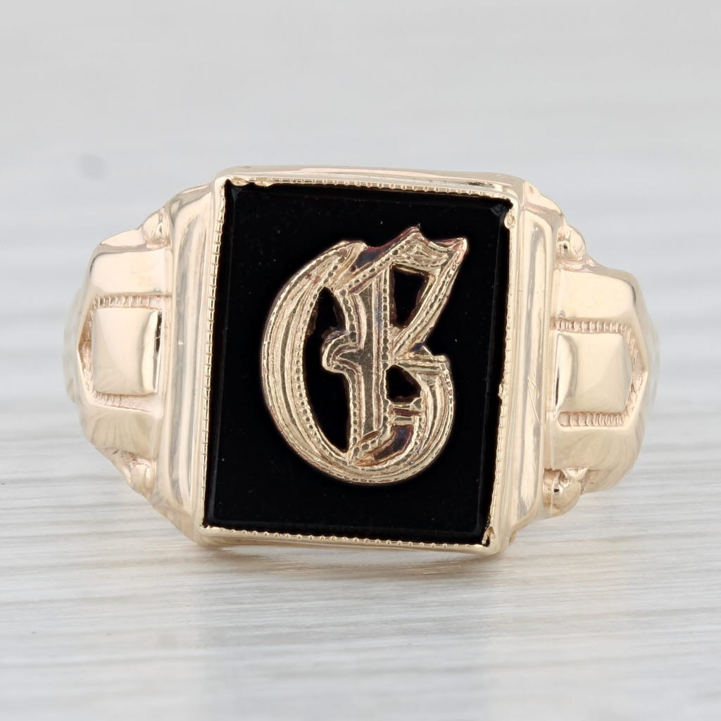 Light Gray Black Glass Old English Letter G Signet Ring 10k Yellow Gold Size 10 Men's