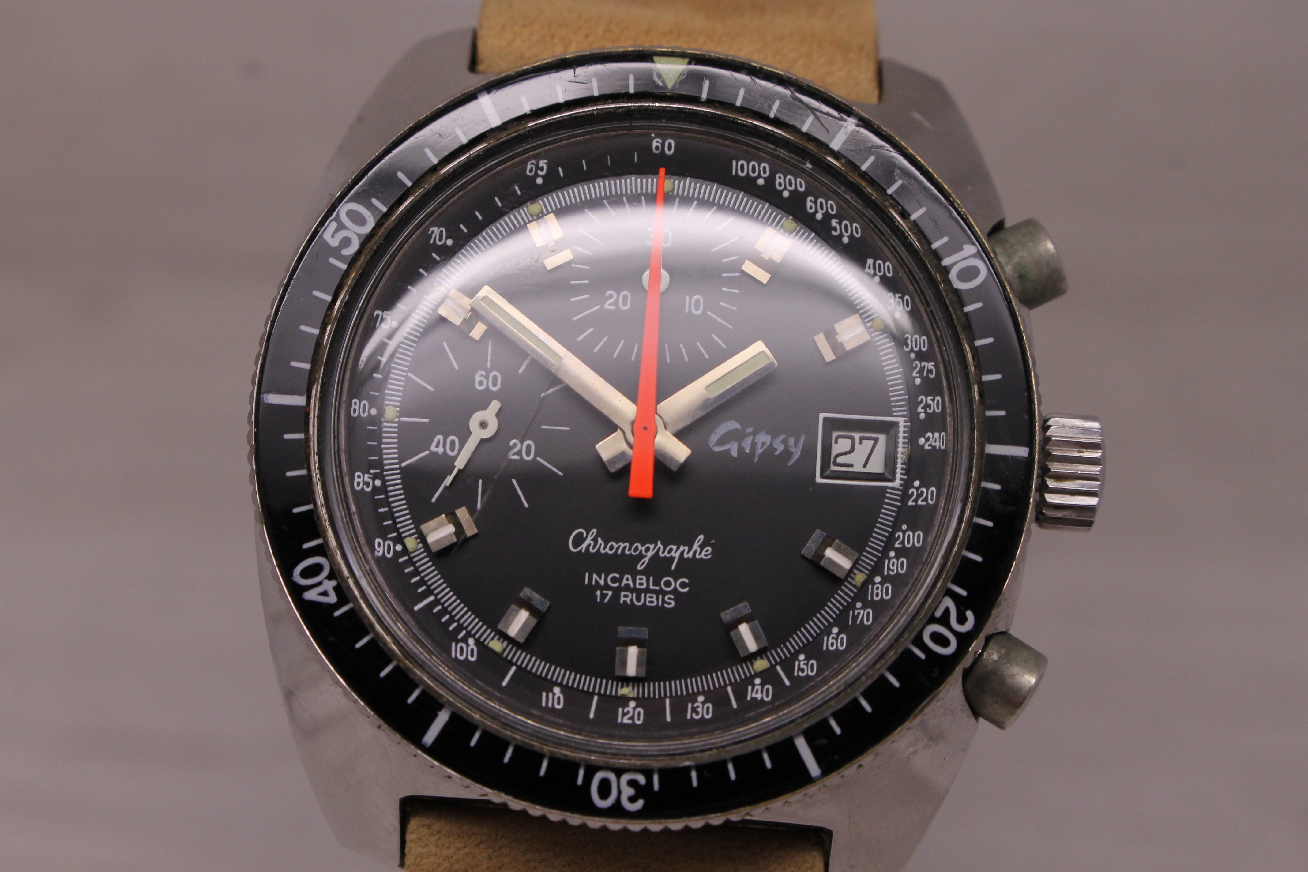 Dim Gray Vintage 1980's Gipsy Mens 40mm Stainless Steel Chronograph Watch Valjoux 7765