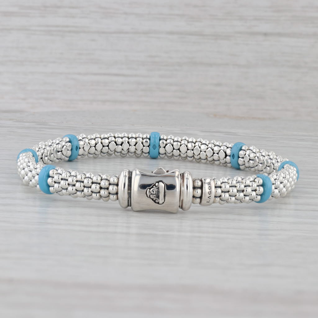 Gray New Lagos Blue Ceramic Station Caviar Bracelet Sterling Silver 6mm Medium Pouch
