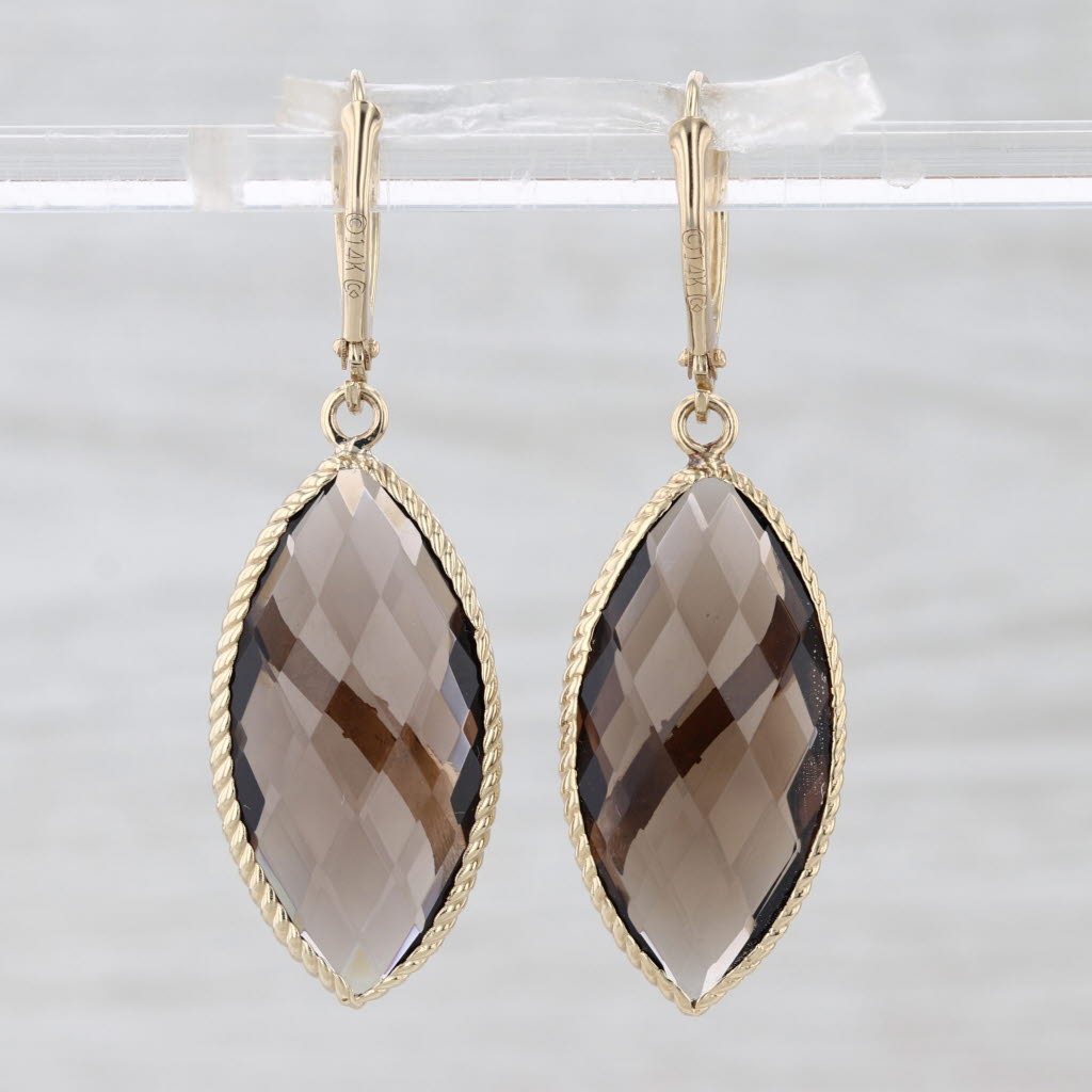19.50ctw Smoky Quartz Marquise Dangle Earrings 14k Yellow Gold Lever Backs