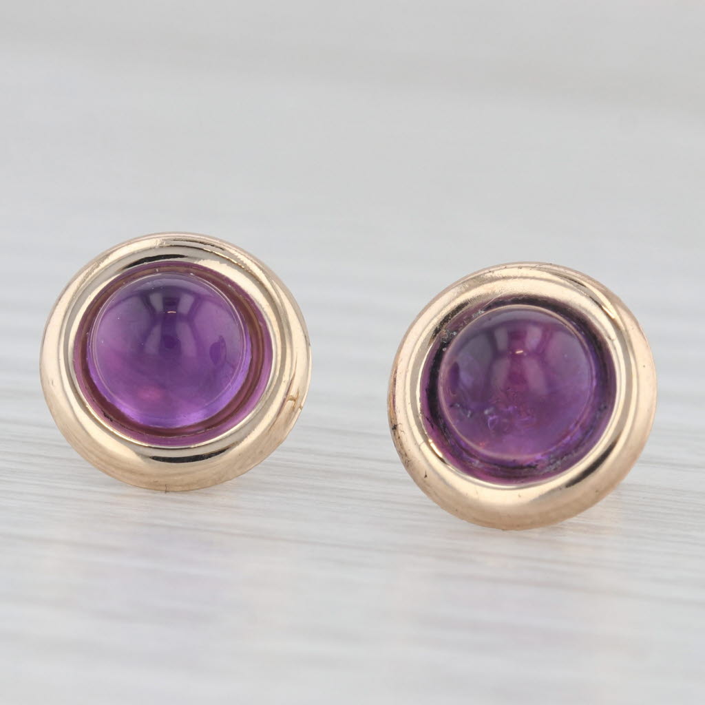 Light Gray Amethyst Round Cabochon Solitaire Stud Earrings 14k Yellow Gold
