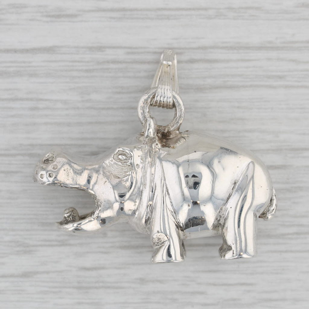Gray Vintage Hippo Figurine Pendant Sterling Silver 925 3D Charm