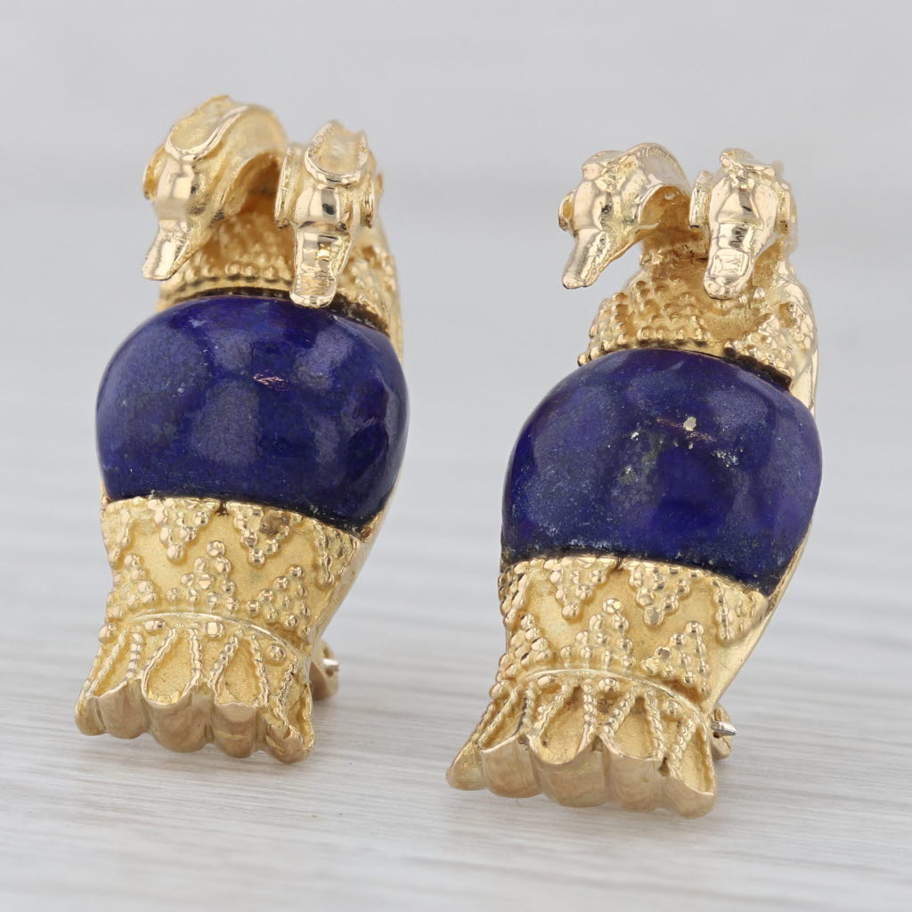 Gray Vintage Blue Lapis Lazuli Double Bird Drop Earrings 18k Yellow Gold Omega Backs