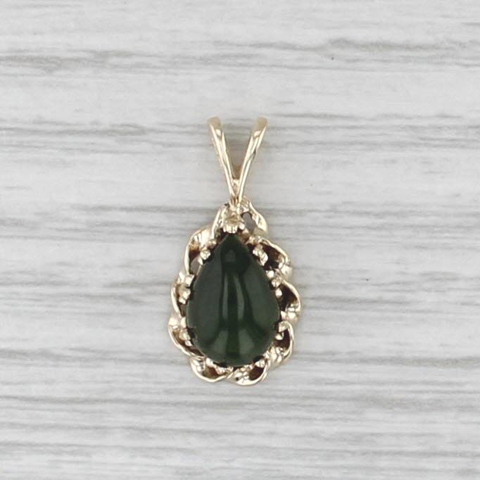 Vintage Green Nephrite Jade Teardrop Pendant 10k Yellow Gold Pear Cabochon