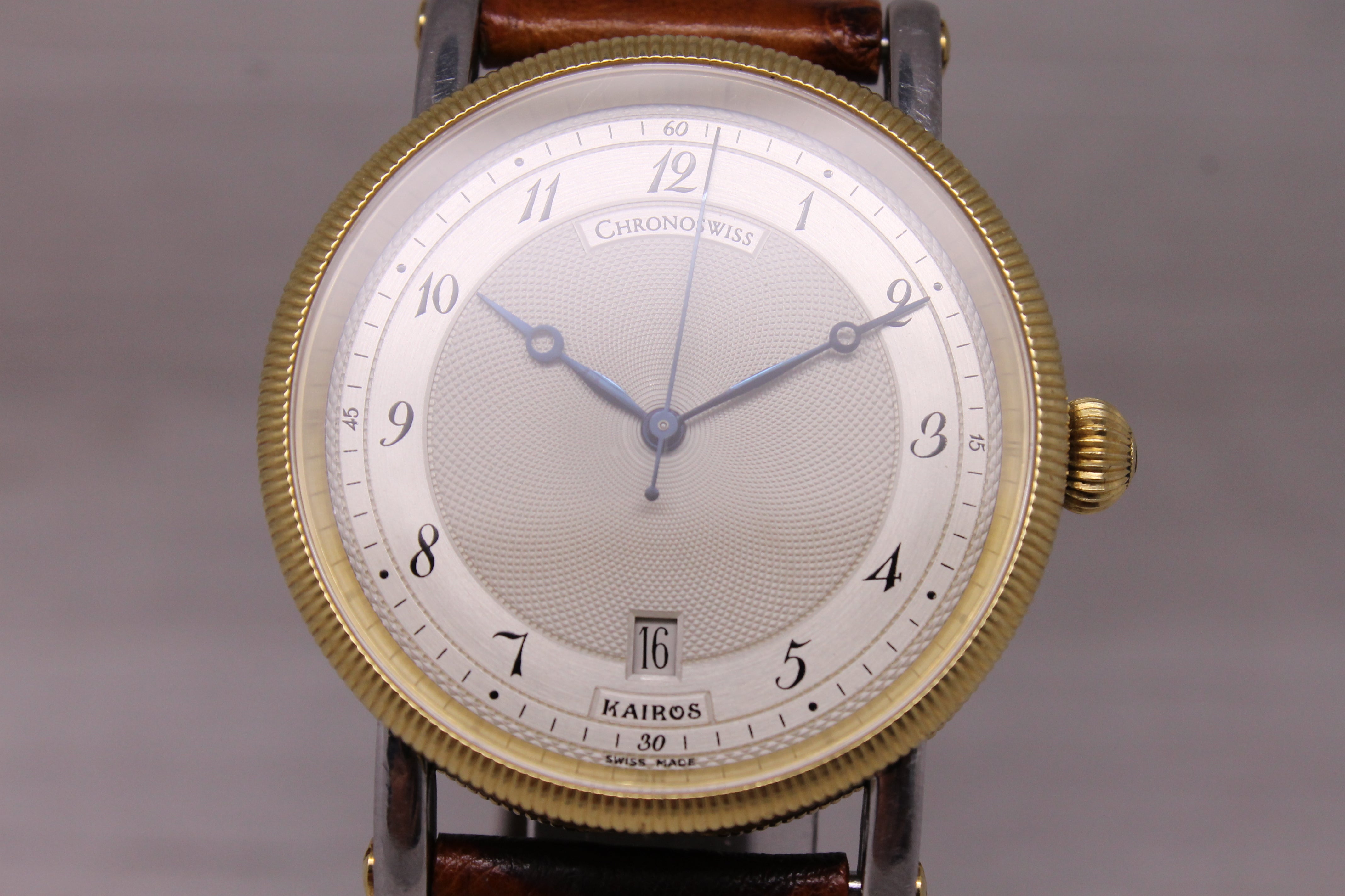 Chronoswiss Kairos Mens 38mm Automatic Watch CH2822 Silver Dial Gold Swiss Date