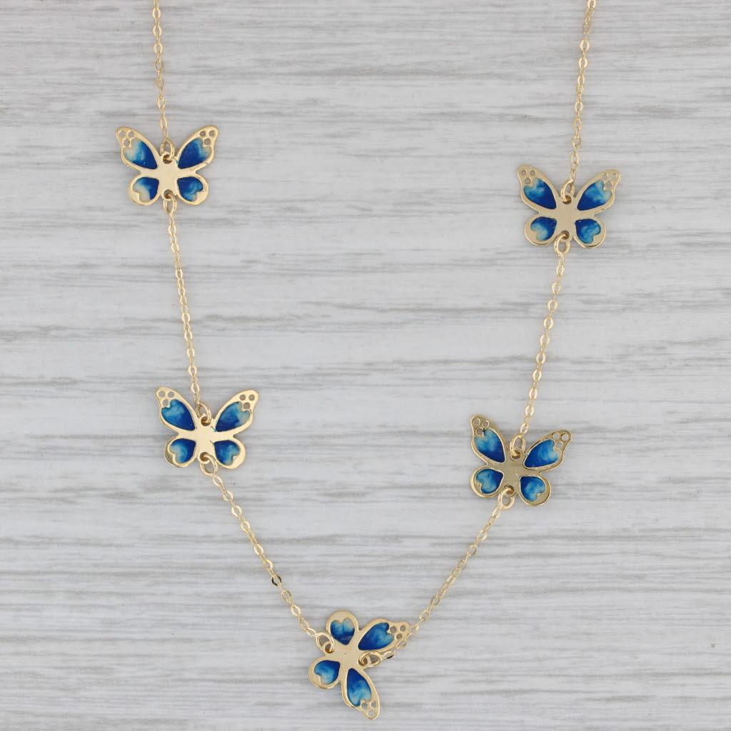 Gray New Butterfly Station Cable Chain Necklace 14k Yellow Gold Enamel 18"