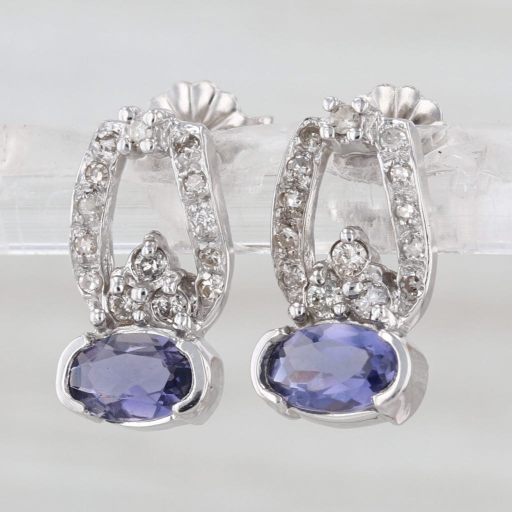 1.30ctw Blue Iolite Diamond Stud Earrings 14k White Gold Small Drops