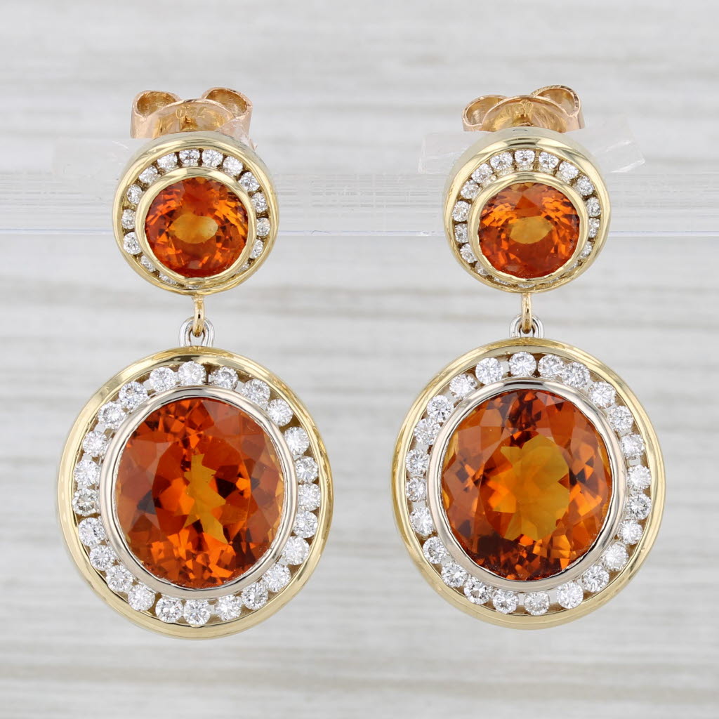 Light Gray 13.70ctw Orange Citrine Diamond Halo Dangle Earrings 18k Yellow Gold Drops