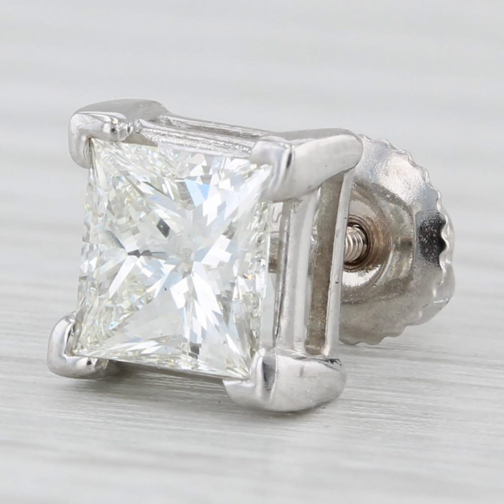 Light Gray 1.10 ct Single Diamond Stud Princess Cut 14K White Gold Solitaire Earring