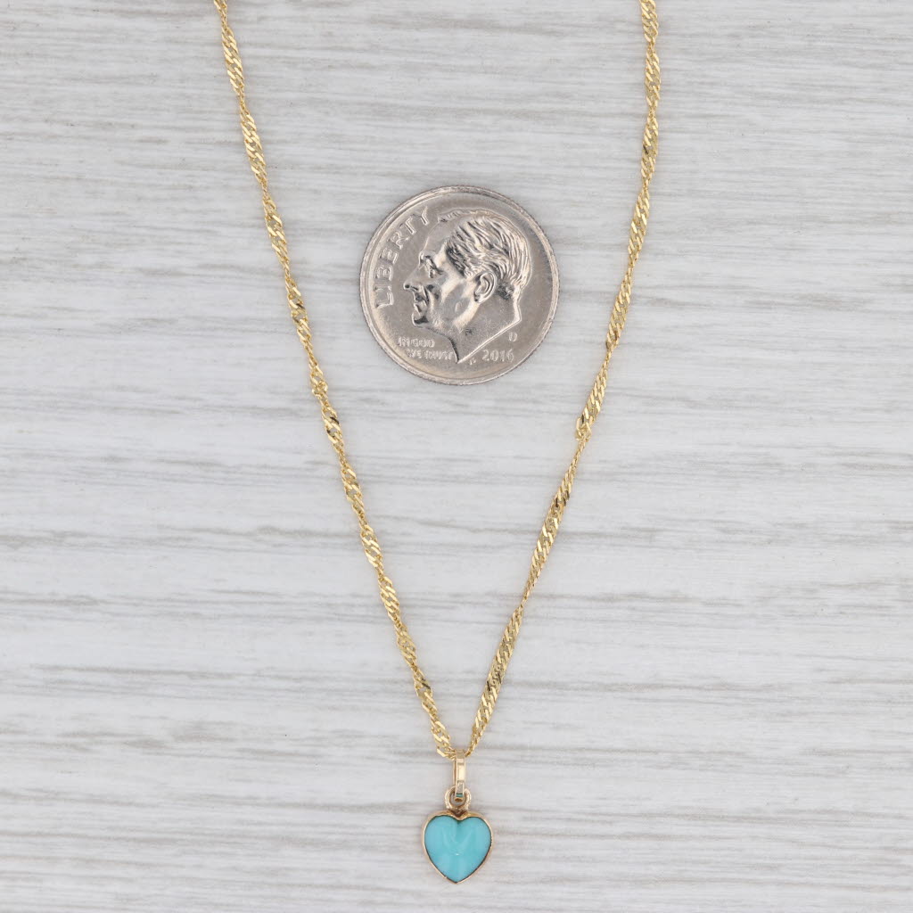 Blue Glass Small Heart Pendant Necklace 14k Yellow Gold 20" Singapore Chain