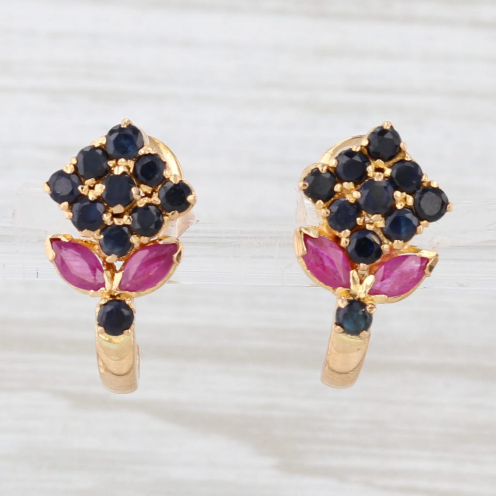 Light Gray 1.84ctw Blue Sapphire Ruby Flower J-Hook Earrings 22k Yellow Gold Screw Back