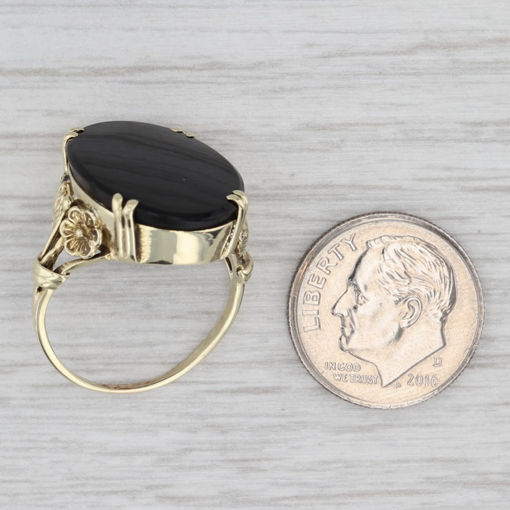 Light Gray Antique Oval Onyx Ring 14k Yellow Gold Floral Accents Size 6.75