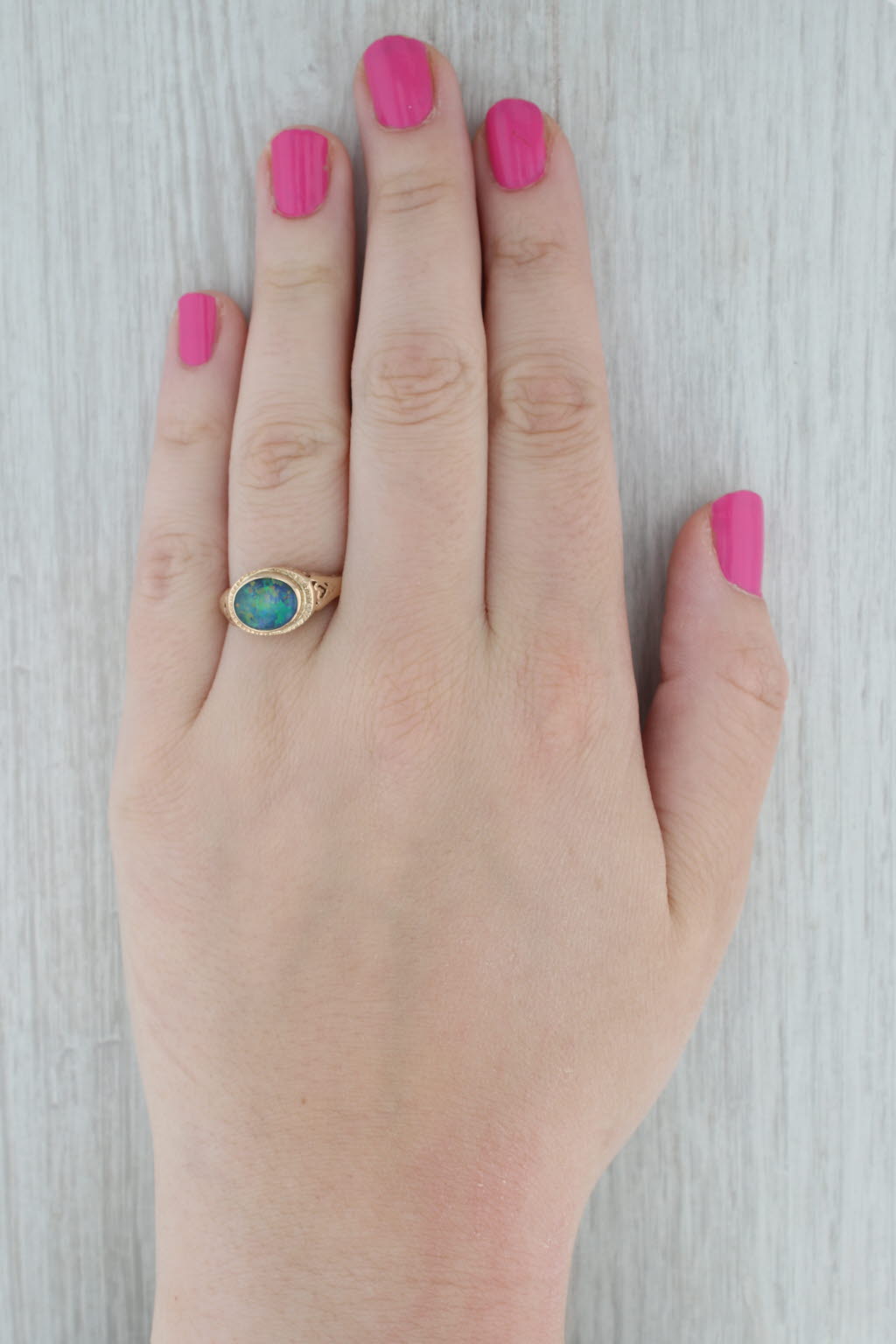 Dark Gray Vintage Church & Co Colorful Opal Triplet Solitaire Ring 14k Yellow Gold Size 8
