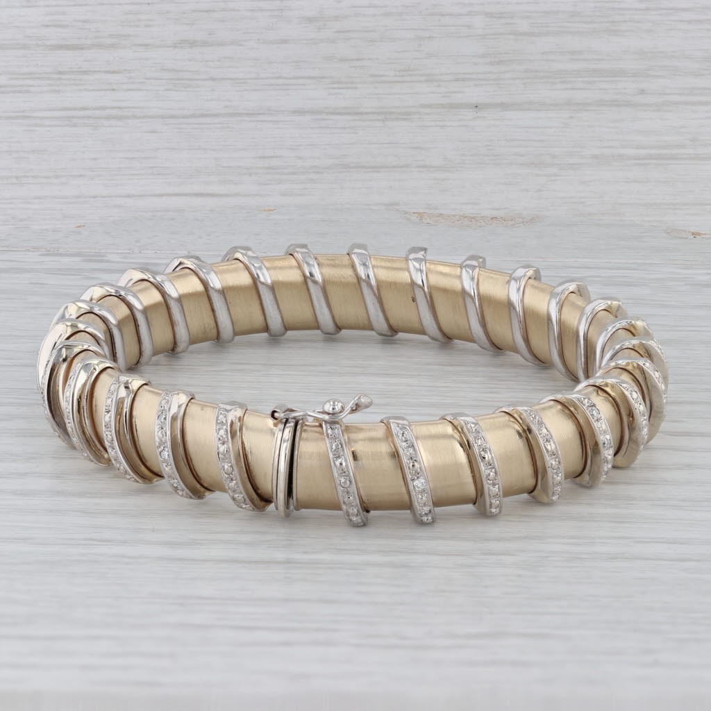 Gray 0.16 ctw Diamond 14K Yellow White Gold Flexible Hinged Bangle Bracelet