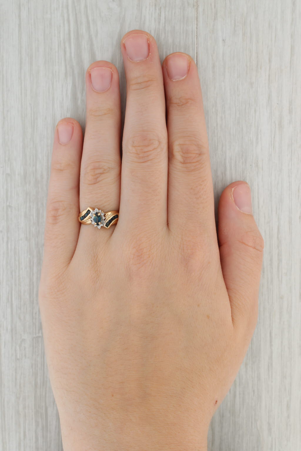 Tan 0.57ctw Marquise Blue Sapphire Diamond Ring 10k Yellow Gold Size 7.75 Bypass