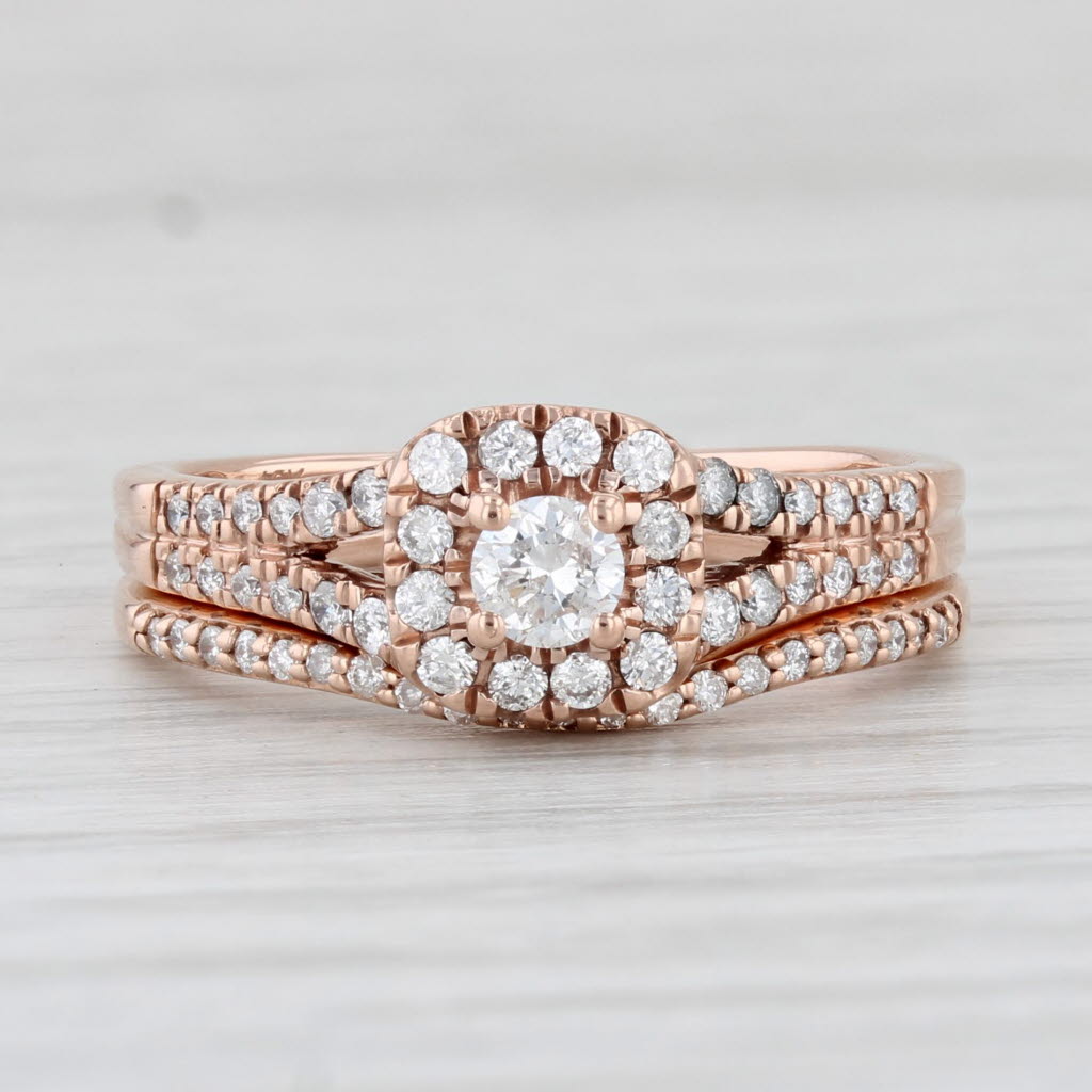 Light Gray 0.39ctw Diamond Halo Engagement Ring Wedding Band Bridal Set 10k Rose Gold