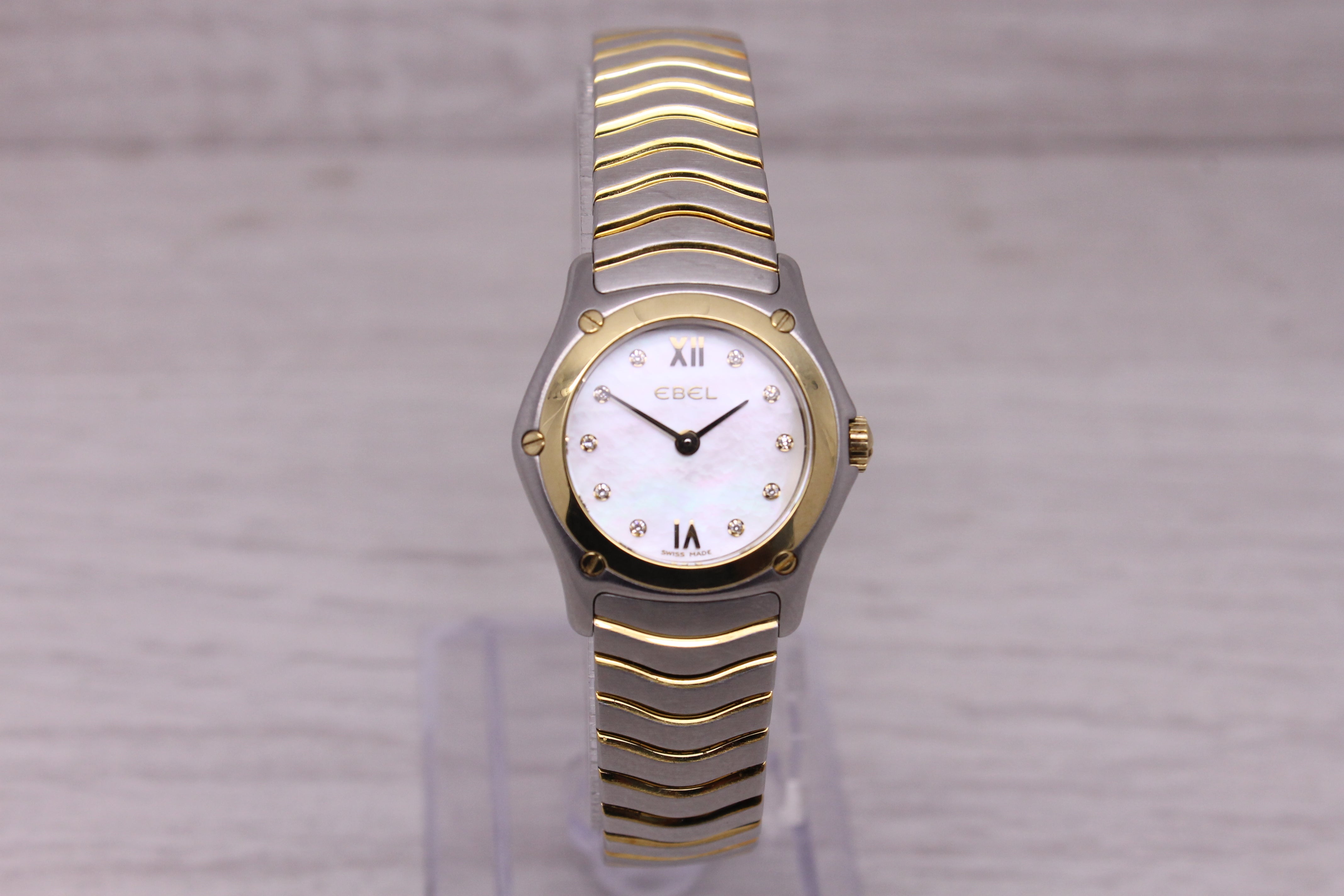 Dark Gray Ebel Ladies Classic Wave Steel & 18k Quartz Watch MOP Diamond Dial MINT w Box