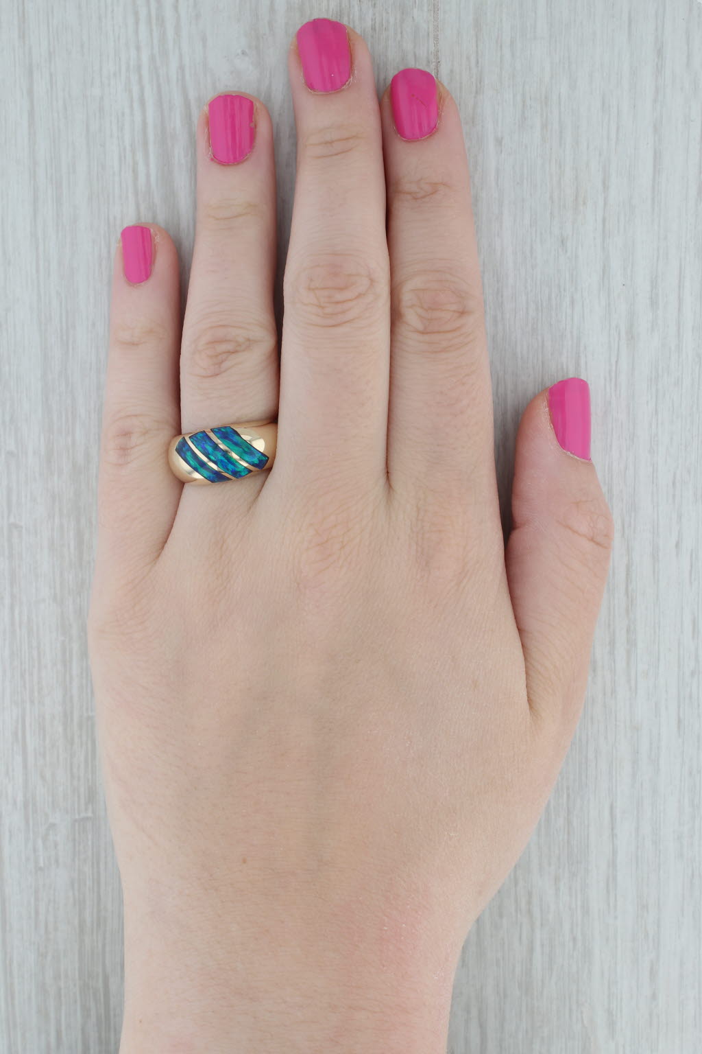 Gray Lab Created Opal Mosaic Domed Ring 14k Yellow Gold Size 9