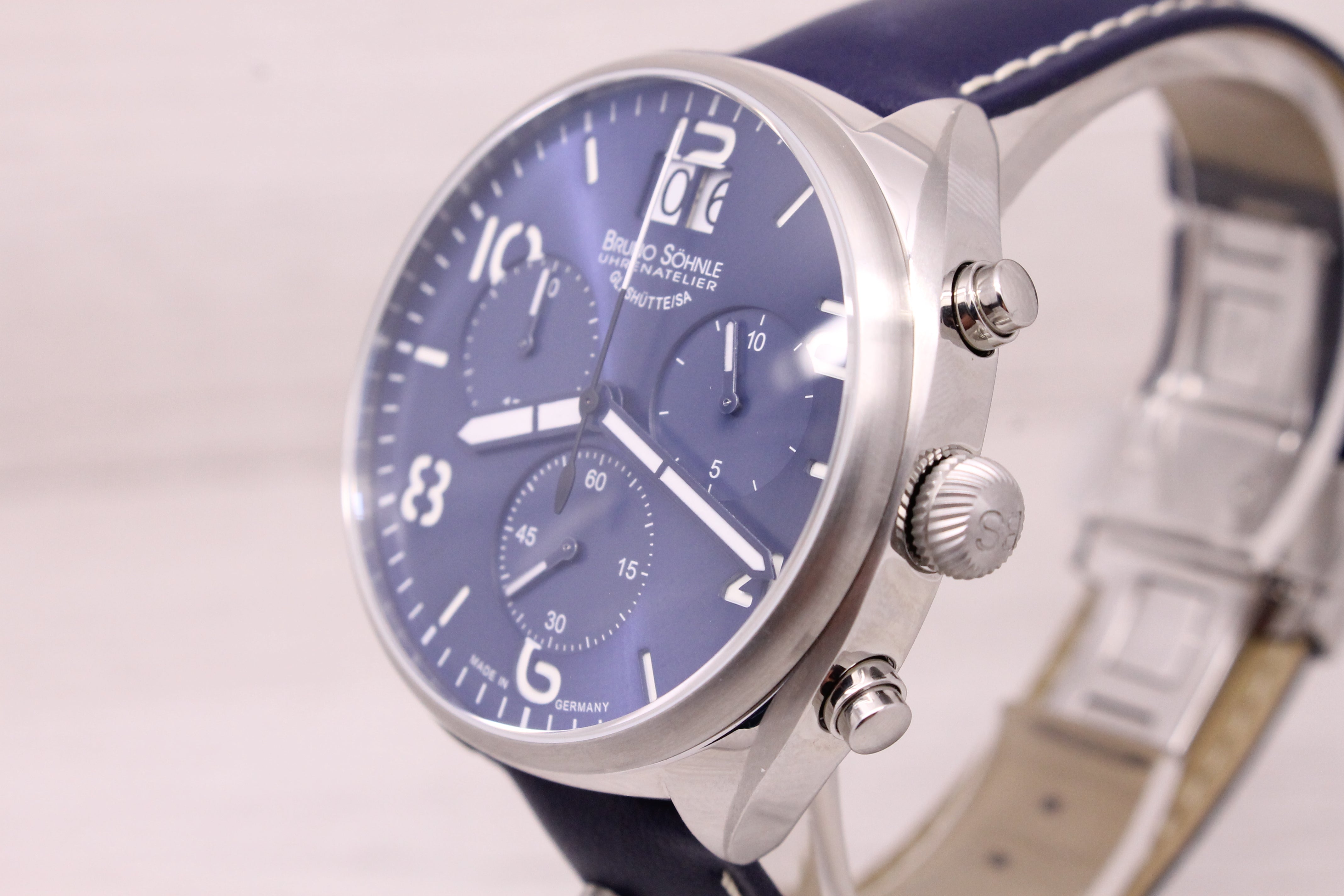 Light Gray Bruno Sohnle Glashutte La Spezia 45mm Steel Mens Quartz Chronograph Watch Blue