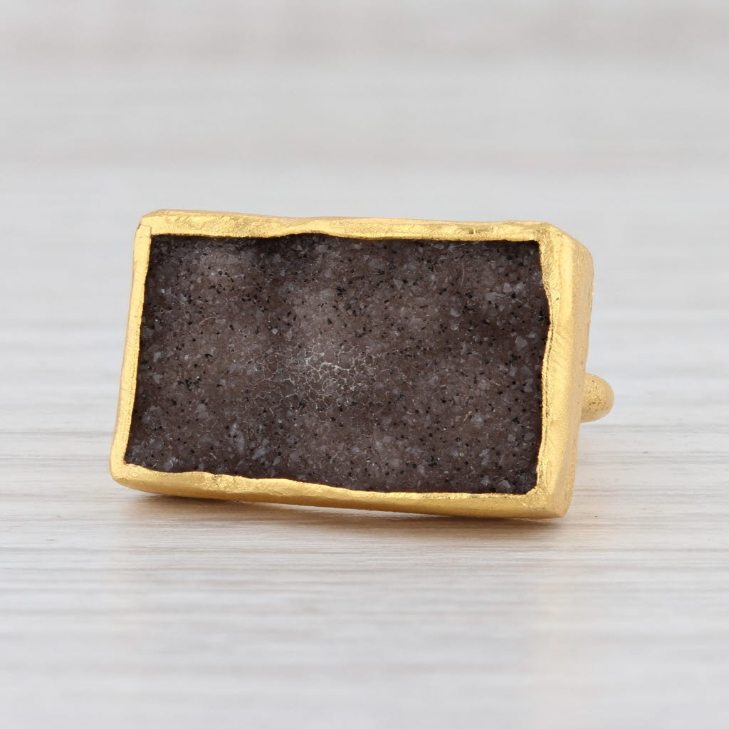 New Nina Nguyen Gray Druzy Quartz Ring Sterling Silver 22k Gold Vermeil Size 6