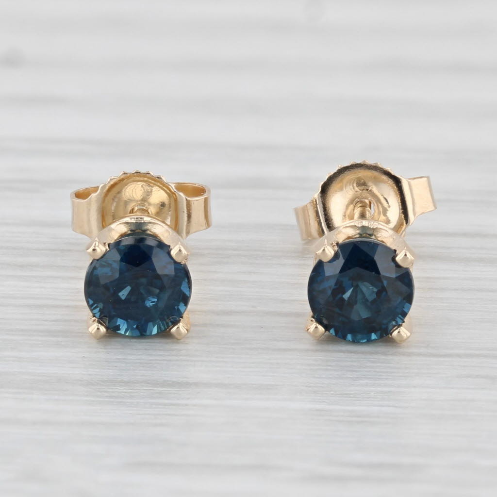 Light Gray 0.98ctw Blue Sapphire Stud Earrings 14k Yellow Gold Round Solitaire Studs