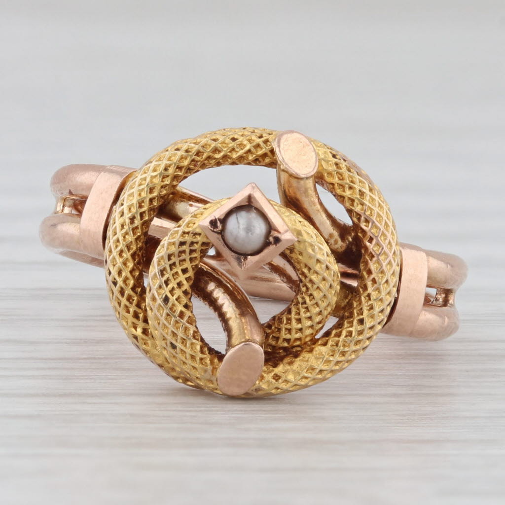 Light Gray Antique Coiled Knot Snake Ring 14k 10k Gold Imitation Pearls size 7.5