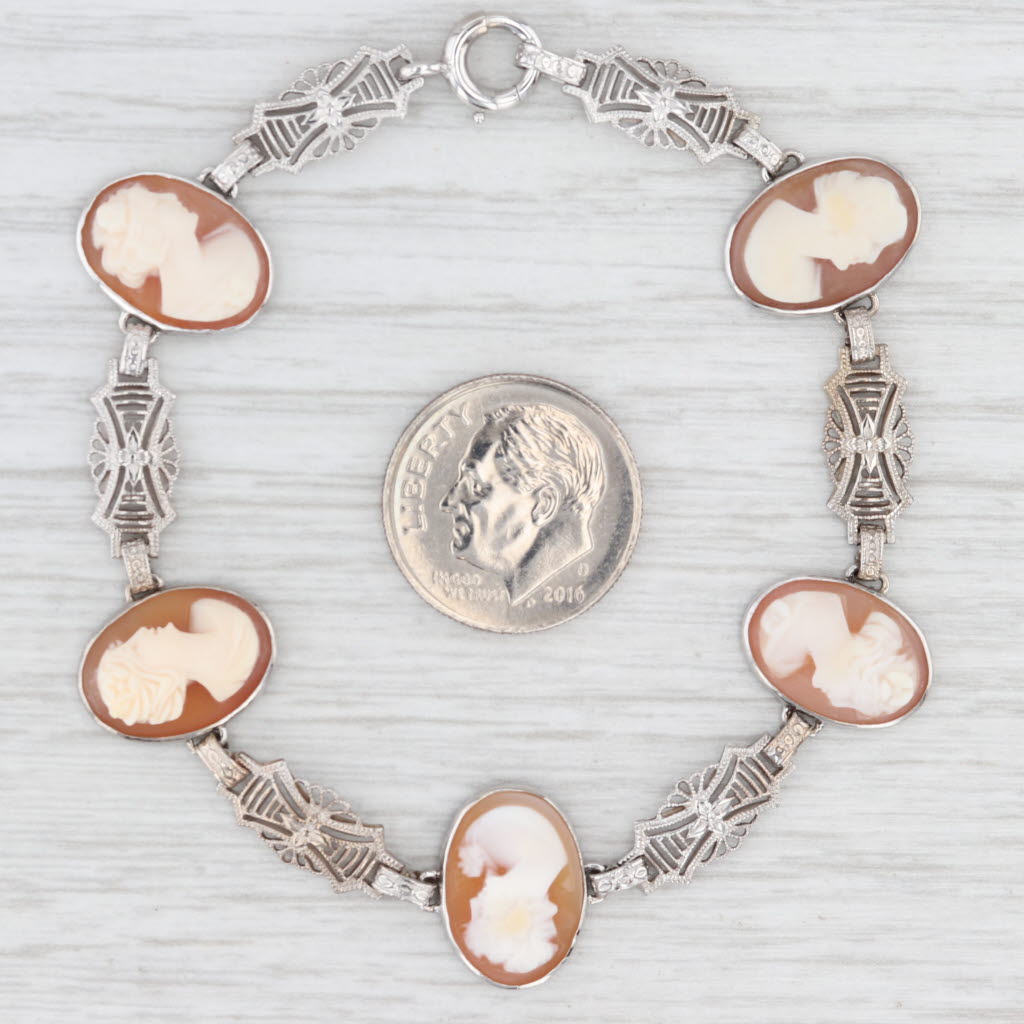 Light Gray Carved Shell Oval Cameo Filigree Bracelet 6.75" 14k White Gold
