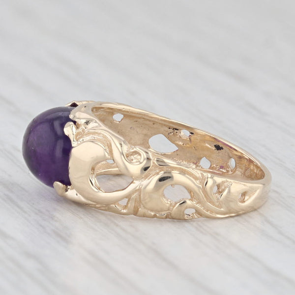 Oval Cabochon Amethyst Solitaire Ring 14k Yellow Gold Size 7 Ornate Vine Work