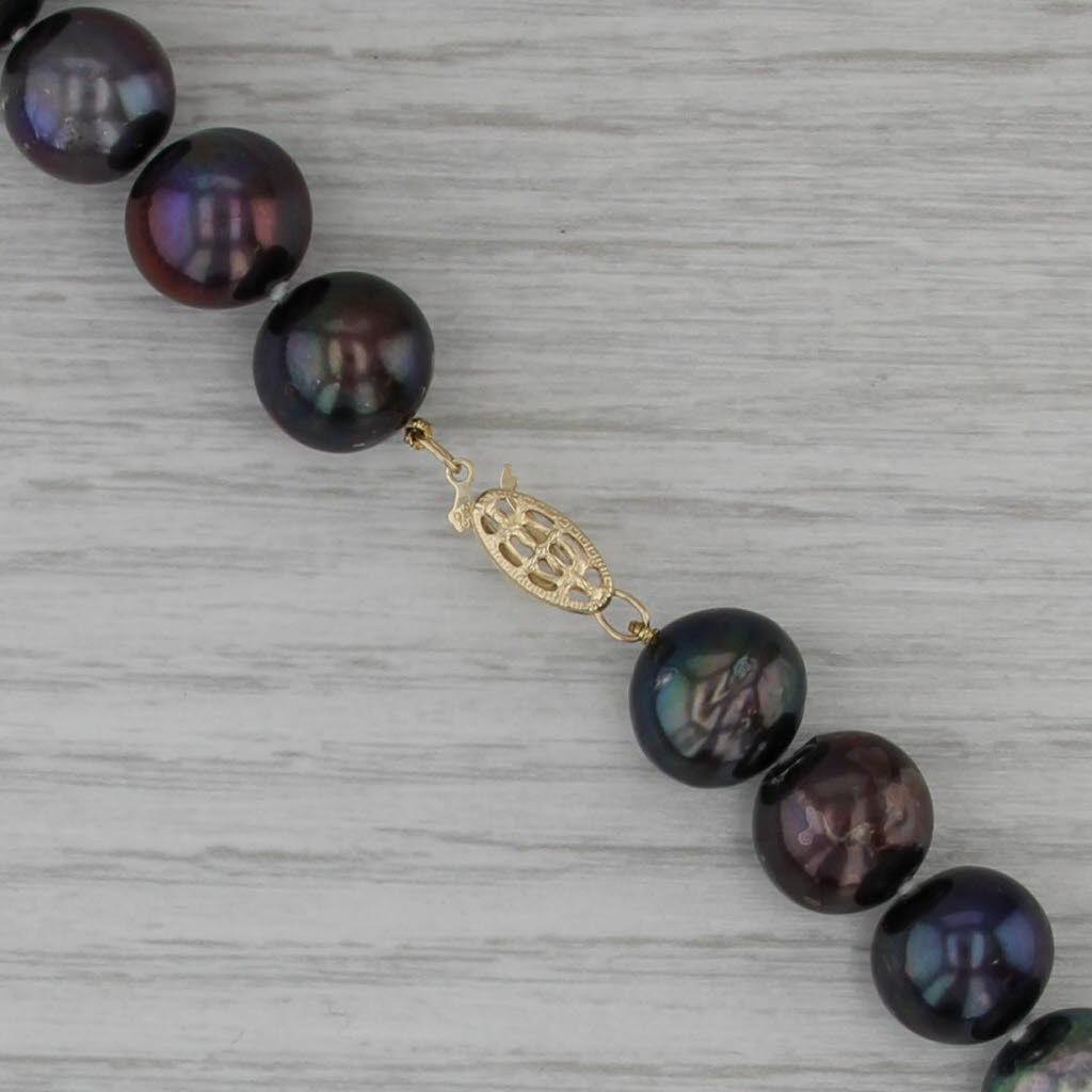 Iridescent Black Cultured Pearl Single Strand Bead Necklace 14k Gold Clasp