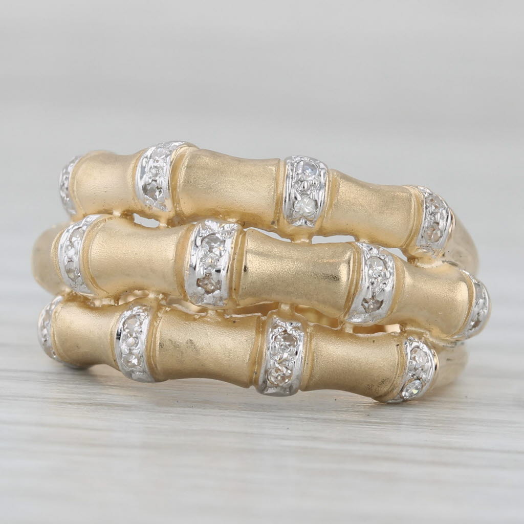 Gray Layered Stacked Band 0.10ctw Diamond Bamboo Ring 14k Yellow Gold Size 5.75