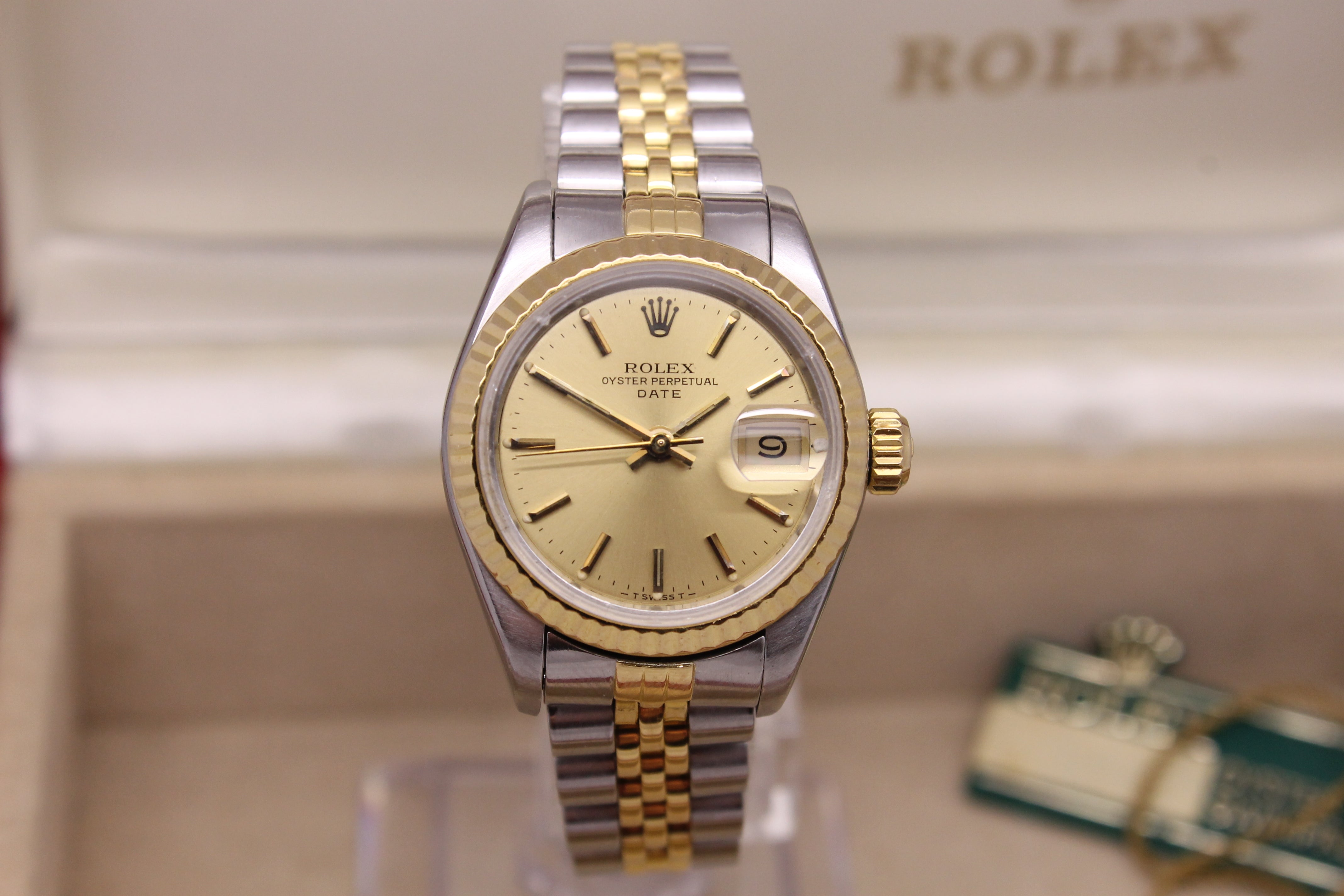 Rosy Brown Vintage 1984 Rolex Date 69173 Ladies SS 18k Automatic Watch Jubilee Box & Tag