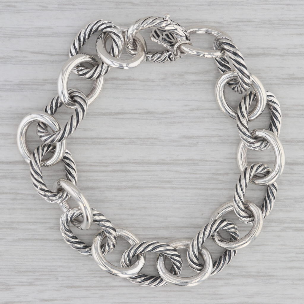 Gray David Yurman Oval Cable Link Bracelet Sterling Silver 7" 11.5mm DY Charm