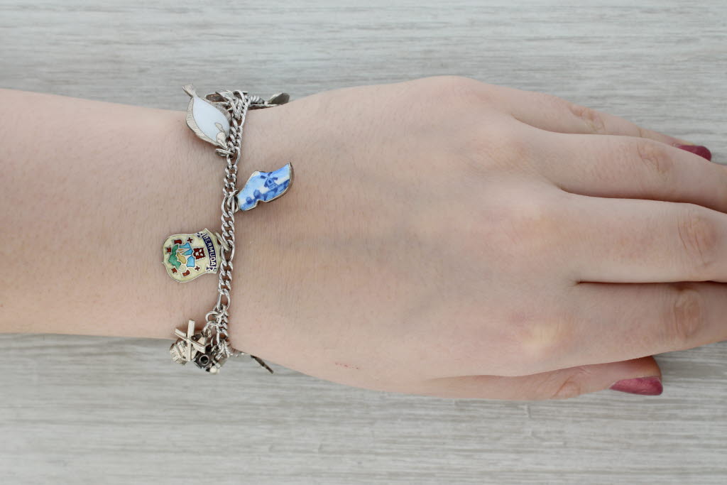 Dark Gray Vintage Mixed Themed Charm Bracelet Sterling Silver Moving Parts 7" Travel