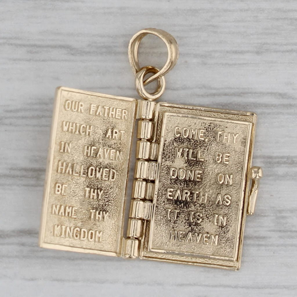 Gray Holy Bible Lord's Prayer Pendant 14k Yellow Gold Opens Engravable Ornate