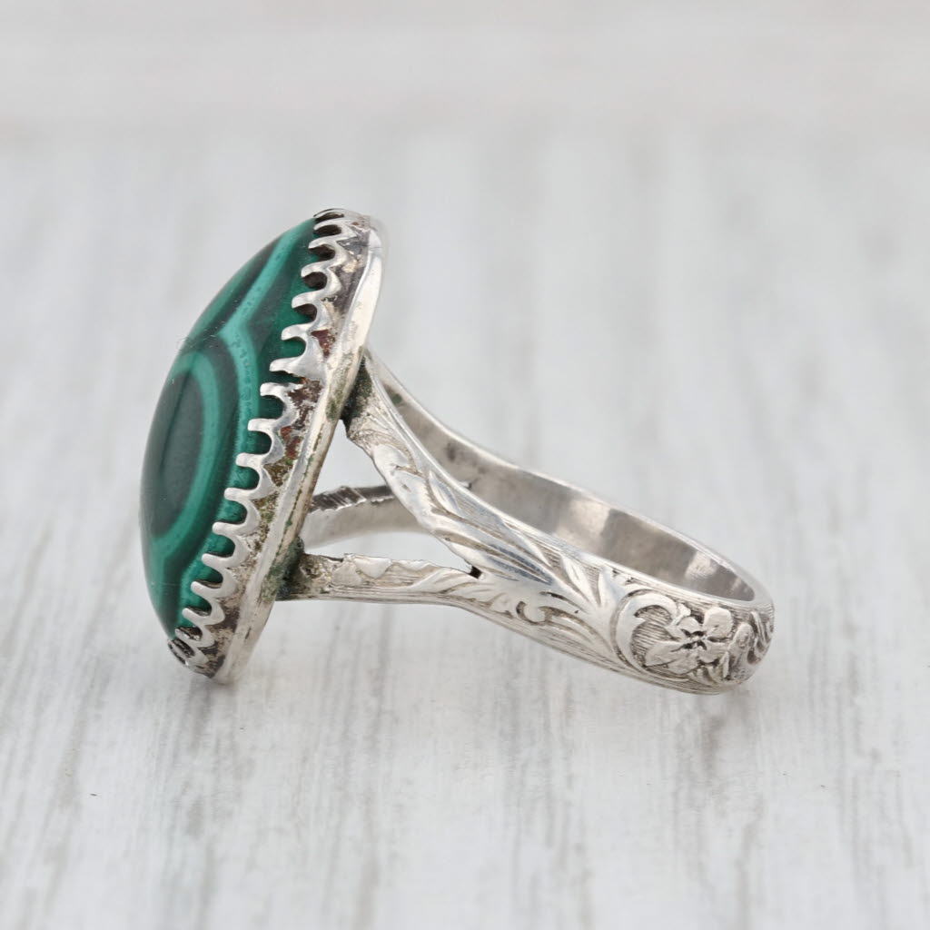 Vintage JH Native American Malachite Ring Sterling Silver Green Oval Cabochon