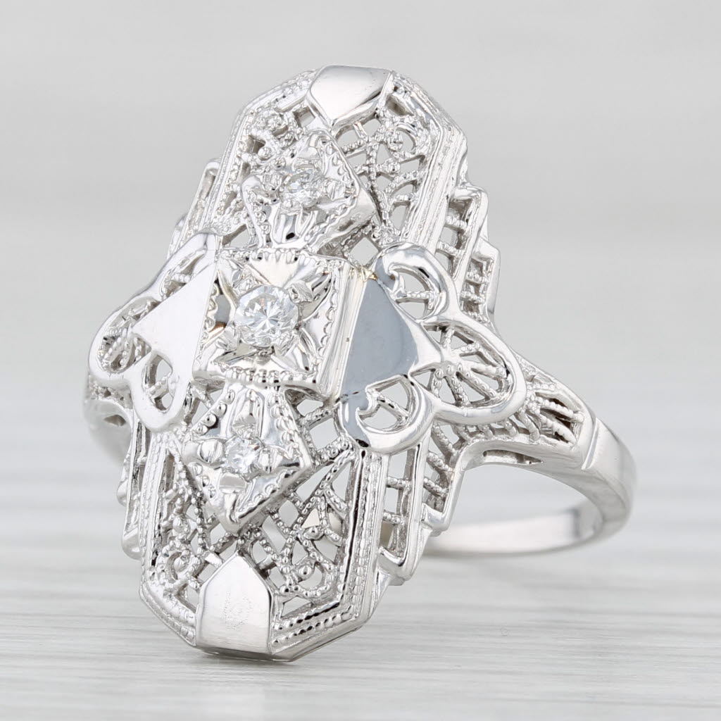Light Gray Diamond Filigree Ring 10k White Gold Vintage Art Deco Size 6.75